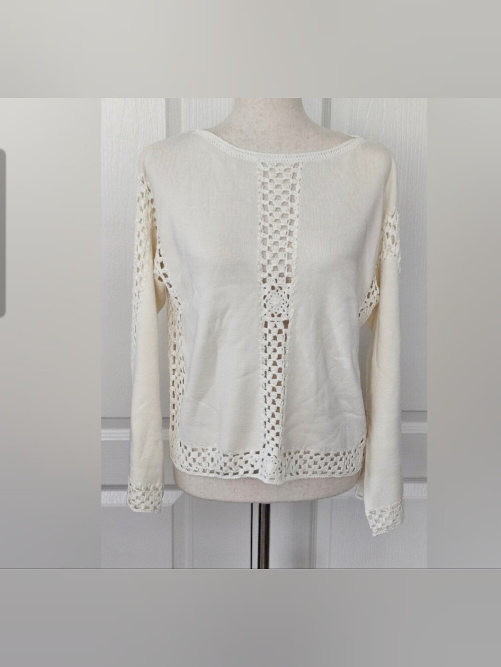 Catherine Malandrino Womens S Ivory Crochet Inset Open Knit Sweater Boho